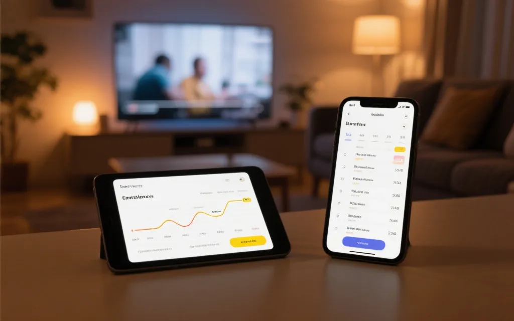 多终端界面展示：手机、平板、电视上的赛程卡片与推荐信息流