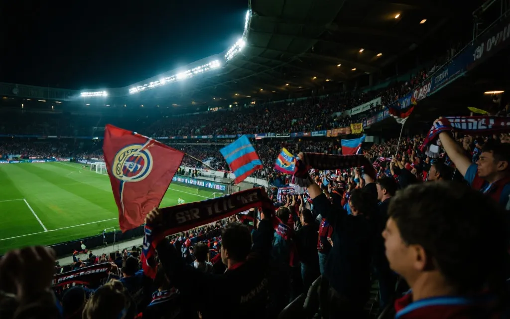 世界杯比赛夜晚的球场看台与灯光，球迷挥舞围巾，电影感